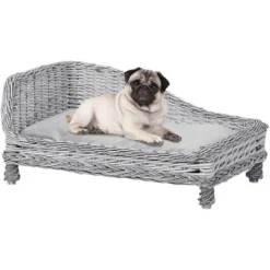 PawHut Canapé Méridienne Chiens Chats Style Cosy Chic Dim. 69L X 42l X 33H Cm Coussin Intégré Osier Gris