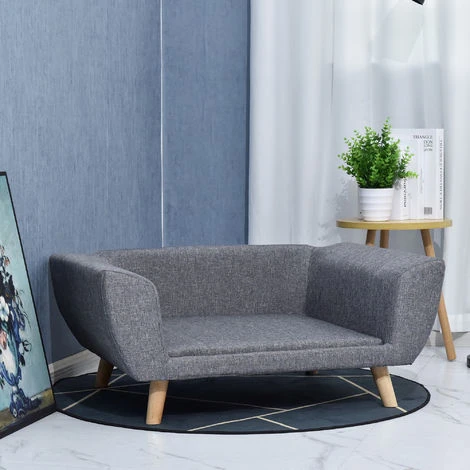 PawHut Canapé Chien Lit Pour Chien Design Scandinave Coussin Moelleux Pieds Bois Massif Dim. 87 X 61 X 36 Cm Polyester Gris – Image 2