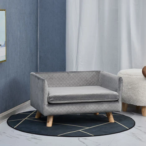 PawHut Canapé Chien Lit Pour Chien Design Scandinave Coussin Moelleux Pieds Bois Massif Dim. 64 X 45 X 36 Cm Velours Gris – Image 2
