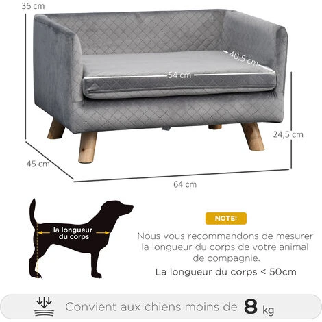 PawHut Canapé Chien Lit Pour Chien Design Scandinave Coussin Moelleux Pieds Bois Massif Dim. 64 X 45 X 36 Cm Velours Gris – Image 3