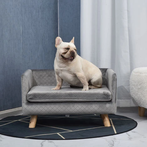 PawHut Canapé Chien Lit Pour Chien Design Scandinave Coussin Moelleux Pieds Bois Massif Dim. 64 X 45 X 36 Cm Velours Gris – Image 4