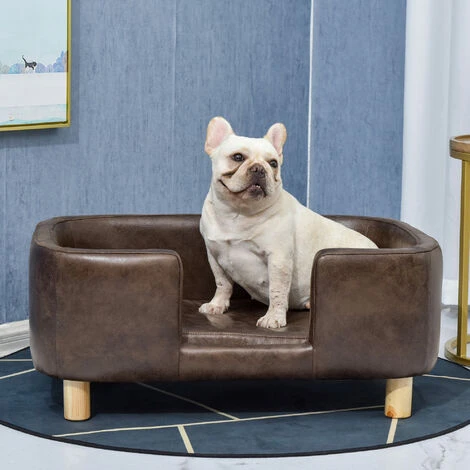 PawHut Canapé Chien Lit Pour Chien Chat Avec Rebord Coussin Moelleux Pieds Bois Massif Dim. 74 X 48,5 X 31 Cm Revêtement Micro-fibre Chocolat – Image 4