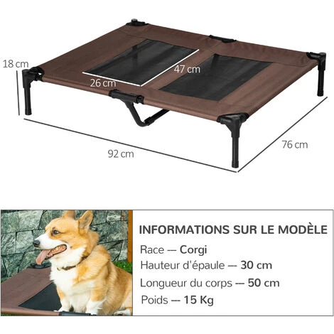 PawHut Lit Sur Pieds Pour Chien Chat Lit De Camp Animal Lit Surélevé Oxford Textilène Micro-perforé Dim. 92L X 76l X 18H Cm Marron – Image 3