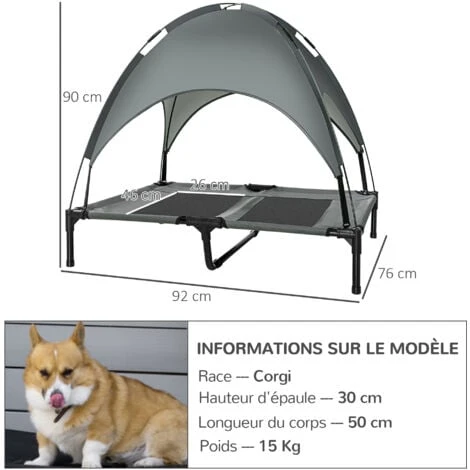 PawHut Lit Pour Chien Chat Sur Pieds Lit De Camp Lit Surélevé Rafraîchissant Velum Anti-UV Oxford Micro-perforé Parasol Et Sac De Transport Inclus Dim. 92L X 76l X 90H Cm Gris Noir – Image 3