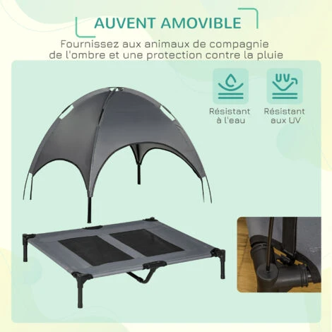 PawHut Lit Pour Chien Chat Sur Pieds Lit De Camp Lit Surélevé Rafraîchissant Velum Anti-UV Oxford Micro-perforé Parasol Et Sac De Transport Inclus Dim. 92L X 76l X 90H Cm Gris Noir – Image 5