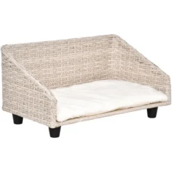 PawHut Canapé Chien Chat Style Cosy Chic Avec Coussin Aspect Fourrure Blanc - Dim. 70L X 40l X 37H Cm - Résine Tressée Beige