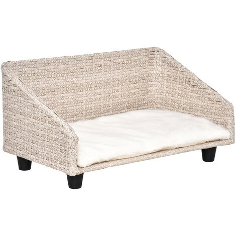 PawHut Canapé Chien Chat Style Cosy Chic Avec Coussin Aspect Fourrure Blanc - Dim. 70L X 40l X 37H Cm - Résine Tressée Beige