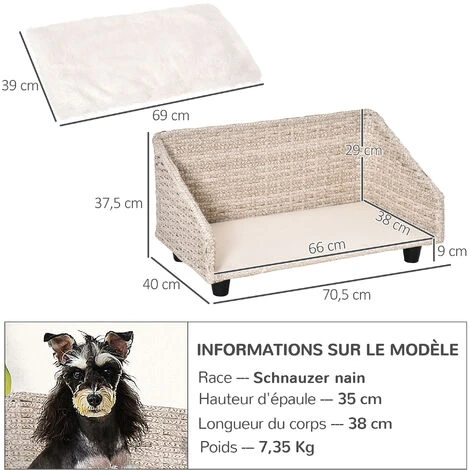 PawHut Canapé Chien Chat Style Cosy Chic Avec Coussin Aspect Fourrure Blanc - Dim. 70L X 40l X 37H Cm - Résine Tressée Beige – Image 3