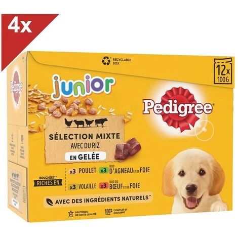 PEDIGREE Junior 48 Sachets Fraîcheur En Gelée 4 Variétés Pour Chiot 100g (4x12)