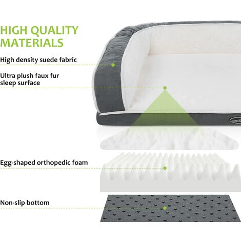 Corbeille Pour Chien, Panier Chien Dehoussable, Coussin Chien Orthopedique En Mousse De Caisse à œufs, Lit Chien Avec 3 Soutiens Latéraux, Canapé En Peluche Pour Chien Et Chats, Tapis De Chien Lavab – Image 3