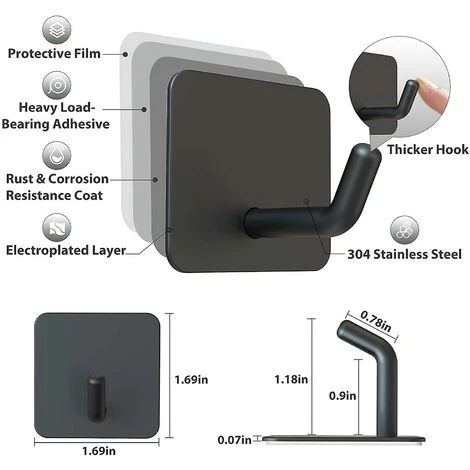 Crochets Auto-adhésifs En Acier Inoxydable Noir – Image 2