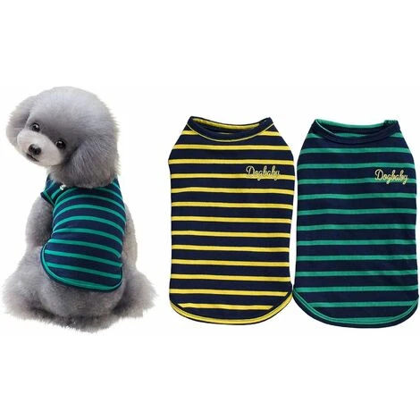 DENUOTOP T-Shirt Minimalist Pour Chien, Vêtements Pour Chat, Bleu Et Gris, 100% Coton, Pour Mini-Chien, Petit Chien Et Chat (Paquet De 2 (L-Convient Pour Les Chats Et Chihuahua,Jaune Et Vert)