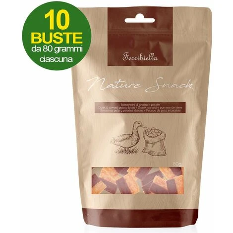 Ferribiella Nature Snack Bouchées De Canard Et De Patate Douce Pour Chiens 10 Sachets De 80g Chacun