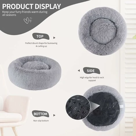 RHAFAYRE Lit Moelleux Rond Pour Chien Extra Large Lavable Avec Coussin,Deluxe Panier Chien Coussin Panier Donut Lit Pour Chien Grande Taille,L-80cm,gris Clair – Image 4