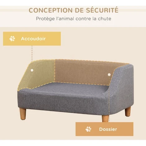 PawHut Canapé Chien Lit Pour Chien Design Scandinave Déhoussable Dim. 75L X 55l X 39H Cm Pieds Bois Tissu Polyester Gris – Image 4