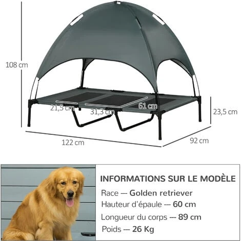 PawHut Lit Pour Chien Chat Sur Pieds Lit De Camp Grand Confort Lit Surélevé Rafraîchissant Velum Anti-UV Tissu Oxford Micro-perforé + Sac De Transport Inclus 122 X 92 X 108 Cm Gris Noir – Image 3