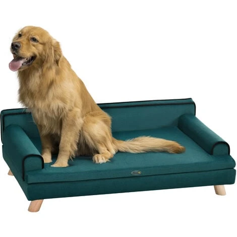 PawHut Canapé Chien Lit Pour Chien Chat Avec Accoudoirs Dossier Coussin Déhoussable Pieds Bois Velours Bleu Canard