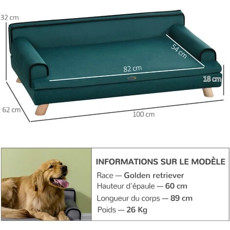 PawHut Canapé Chien Lit Pour Chien Chat Avec Accoudoirs Dossier Coussin Déhoussable Pieds Bois Velours Bleu Canard – Image 3