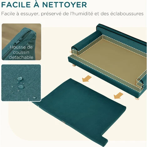 PawHut Canapé Chien Lit Pour Chien Chat Avec Accoudoirs Dossier Coussin Déhoussable Pieds Bois Velours Bleu Canard – Image 5