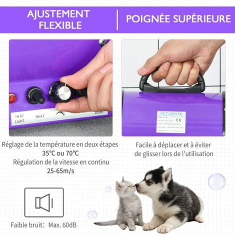 PawHut Séchoir Sèche-poils Toilettage Professionnel Pour Chien Chat Animaux 2800 W Température + Vitesse Réglable Rose Fuchsia Noir – Image 4