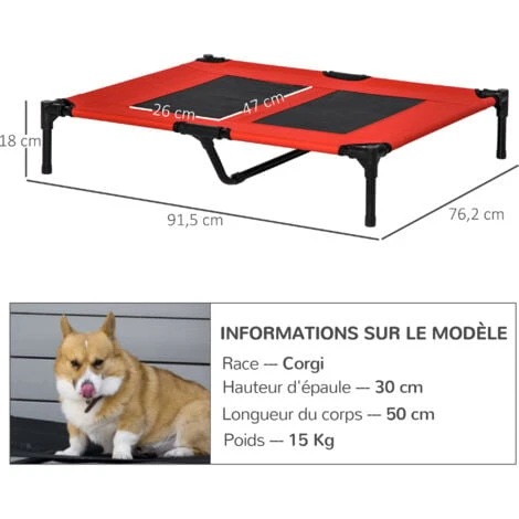 PawHut Lit Pour Chien Chat Lit De Camp Grand Confort Sur Pieds Tissu Oxford Textilène Micro-perforé 92L X 76l X 18H Cm Rouge Noir – Image 3