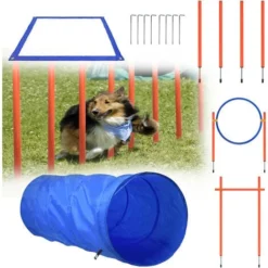AUFUN Agility Kit D'équipement Pour Chien Avec Tunnel Pour Chien, Barres Tressées, Anneau De Saut, Barre D'obstacle Réglable, Fûts Coniques Avec Sac De Transport