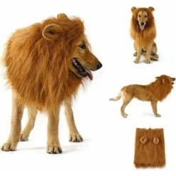 AQIUO Chien Crinière De Lion Costume Pour Moyen à Grand Chien Et Chat Réglable Réaliste Drôle Animal De Compagnie Lion Crinière Perruque Avec Oreilles Vêtements Pour Halloween Cosplay Fête Vacances (L