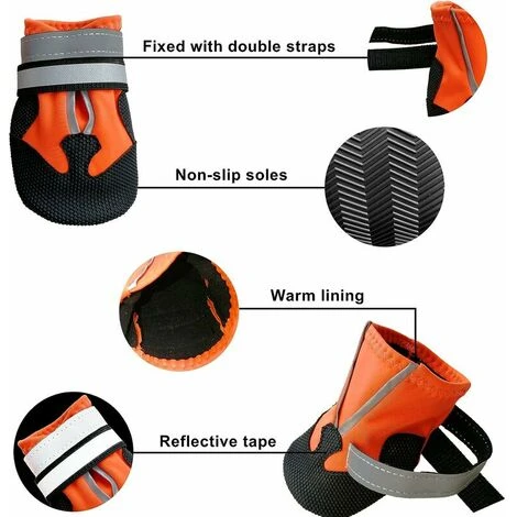 Bottes Chien, 4 Pièces Chaussures Pour Chien Imperméables Avec Sangles Réfléchissantes, Antidérapante Protecteurs De Pattes Chaussures Pour Chiens De Taille Petit Moyenne Grande (XL, Orange) – Image 2