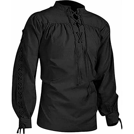 Chemise Gothique Pour Hommes Cordon De Serrage Steampunk Sweat-Shirt Manches Longues Pour Chevalier Medieval Pull D'armure De Bandage Manteau De Marche Victorien Costume Cosplay (Noir, XL) – Image 4