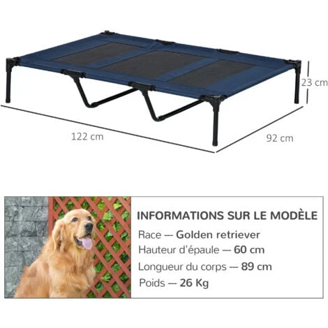 PawHut Lit Sur Pieds XXL Pour Chien Chat Lit De Camp Animal Lit Surélevé Oxford Textilène Micro-perforé Dim. 122L X 92l X 23H Cm Bleu – Image 3