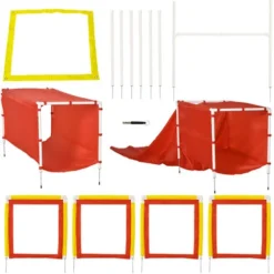 PawHut Agility Sport Pour Chien Kit D'agilité Pour Chien Avec Obstacle, Tunnels, Saut, Slalom Rouge